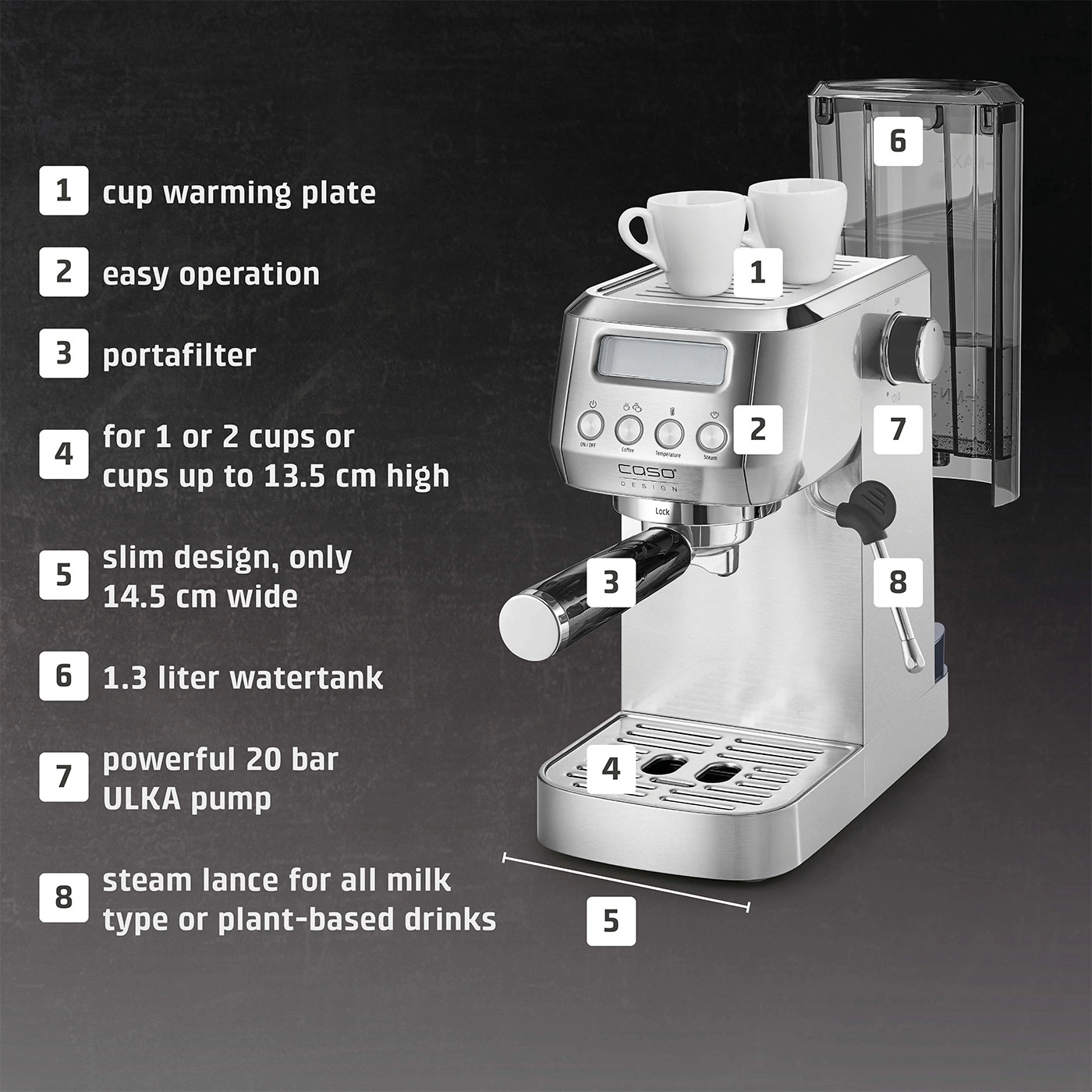 Espresso machine with features: warming plate, easy operation, portafilter, water tank.