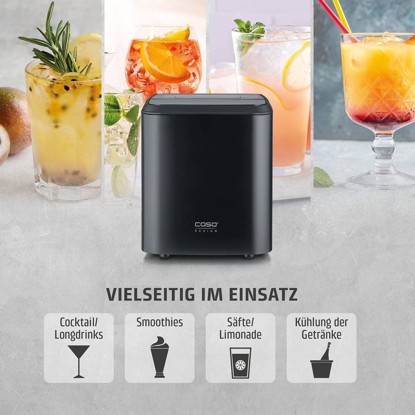 Ein schwarzer Eisbereiter mit vier Icons für Cocktails, Smoothies, Limonaden und Getränkekühlung.