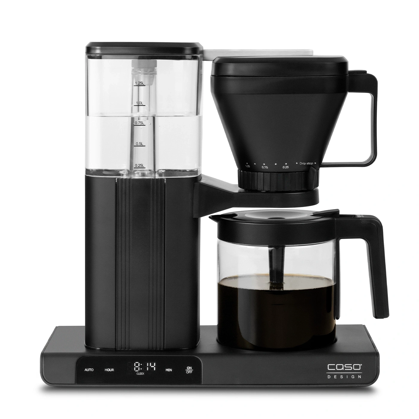 Black coffee machine with water level indicator, clock, and drip stop function.