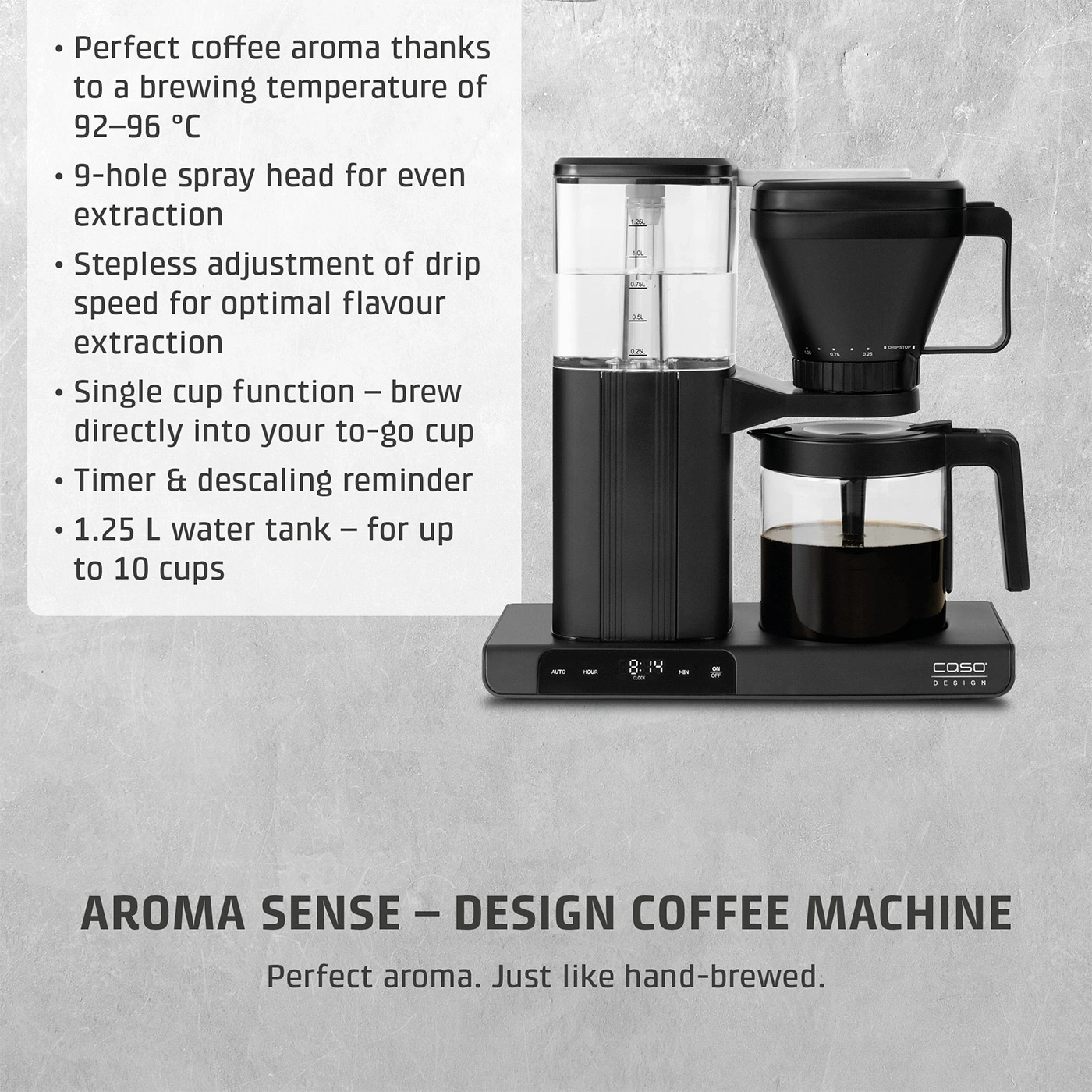 A black CASO coffee machine with a water tank, coffee pot, and control panel.