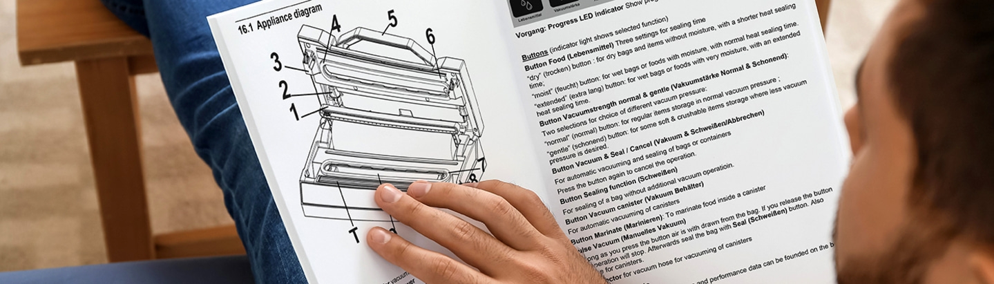 Mann liest Bedienungsanleitung, Diagramm der Maschine, Knöpfe und Funktionen.