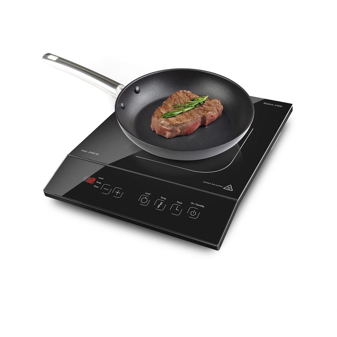 Induktionskochfeld mit Steak in der Pfanne, bereit zum Kochen, mit Bedienfeld und Warnhinweis.