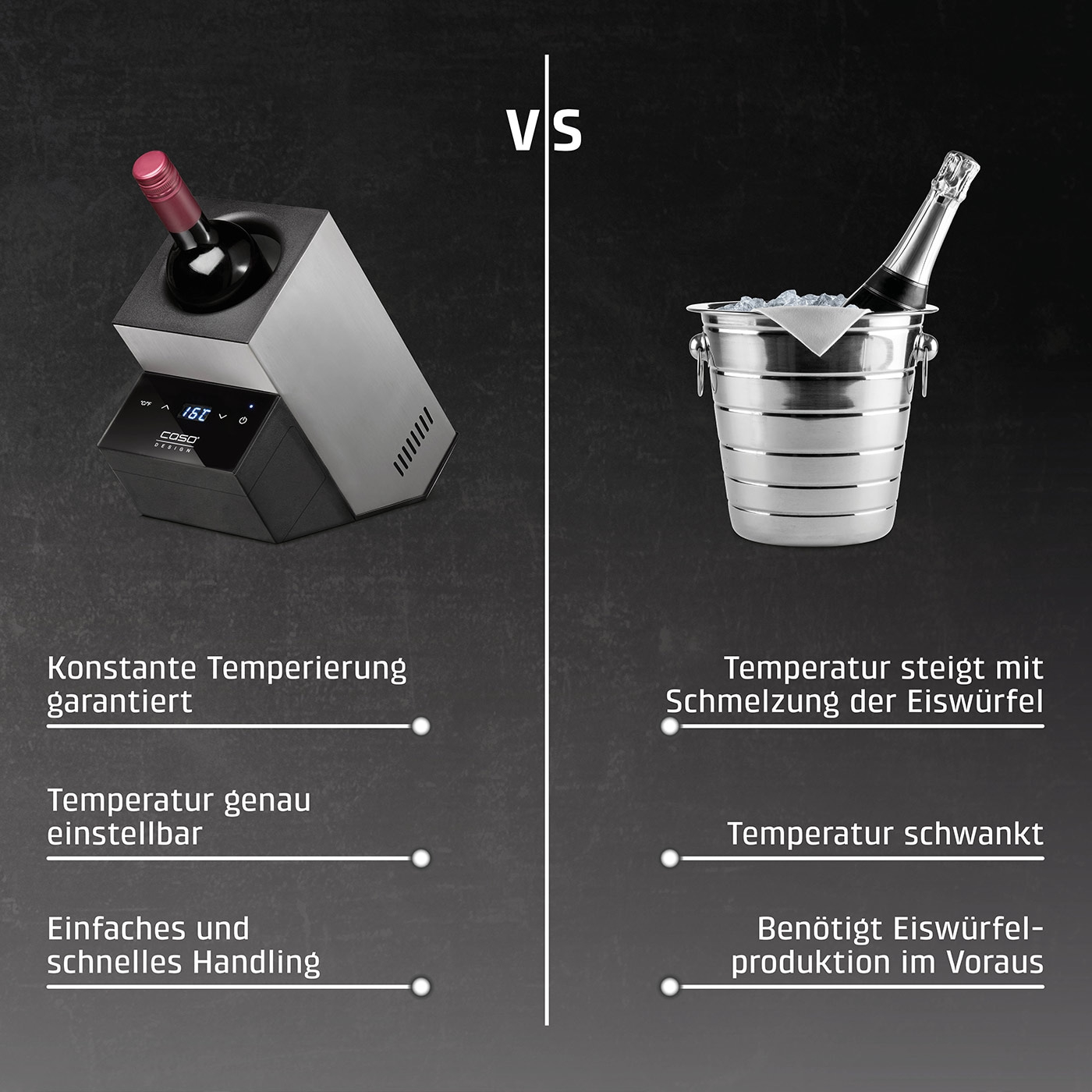 Wein-Kühler vs. Eiskübel: Konstante Temperatur vs. Temperatur-Schwankung.