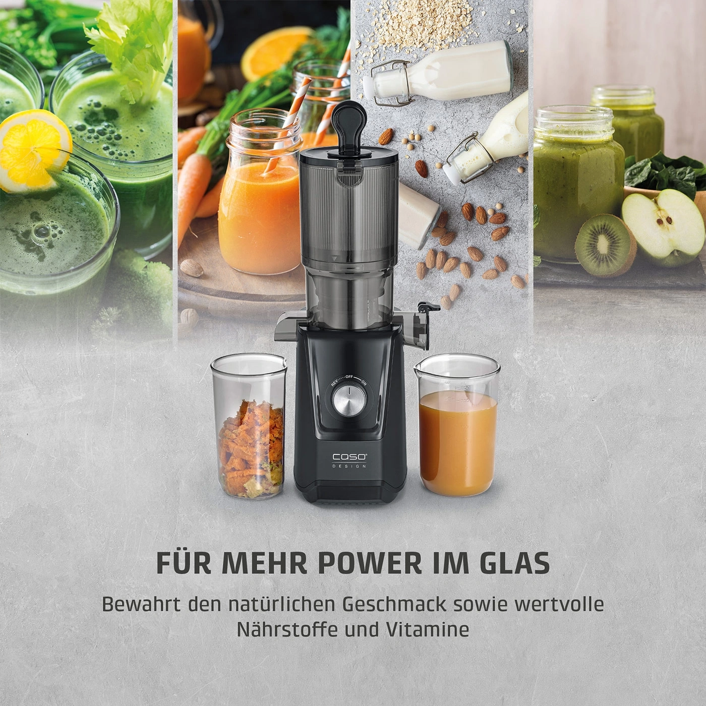 Ein Entsafter mit verschiedenen Säften und Zutaten.