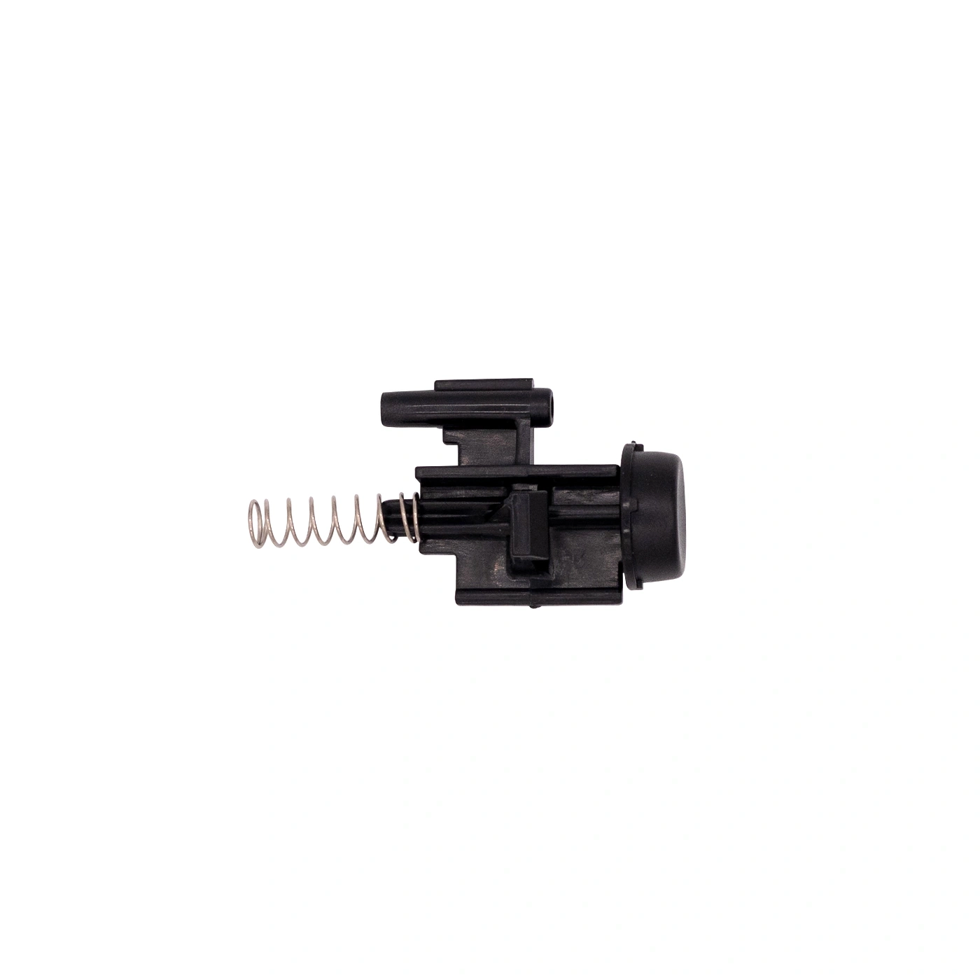 Black plastic part with spring, close-up, isolated on white background