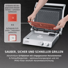 Grillplatte mit eingegossenen Heizelementen für schnellere Aufheizzeit im Vergleich zu einer aufliegenden Platte.