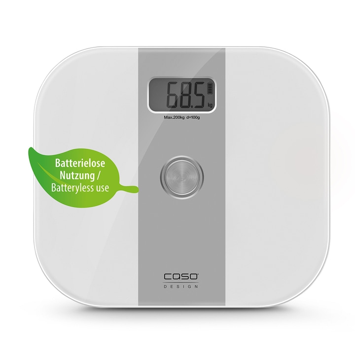 Weiße Personenwaage mit digitaler Anzeige, 68,5 kg, batterielose Nutzung, Caso Design