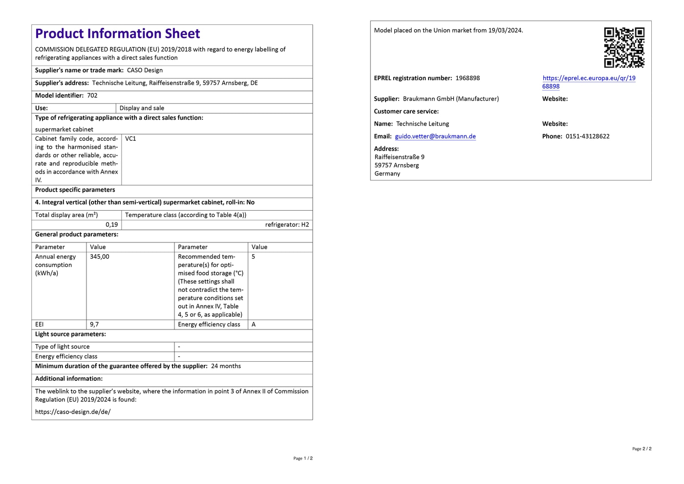Product data sheet with information on energy efficiency and technical specifications.