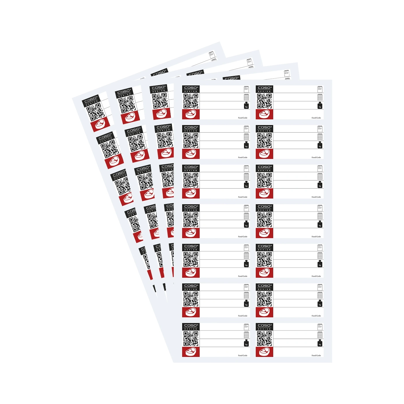 Etiketten mit QR-Codes und Textfeldern für Lebensmittelkennzeichnung.