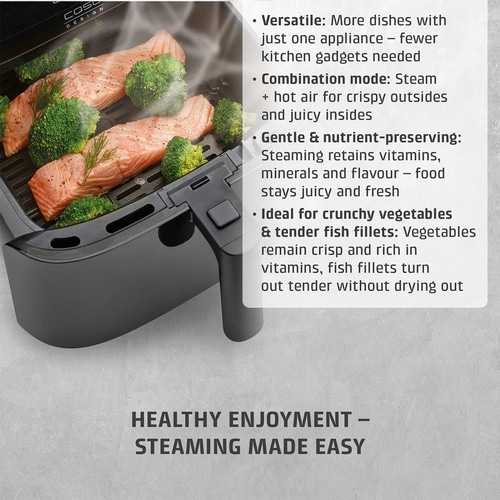 Healthy cooking with steamer: fish and vegetables, crispy and juicy, made easy.