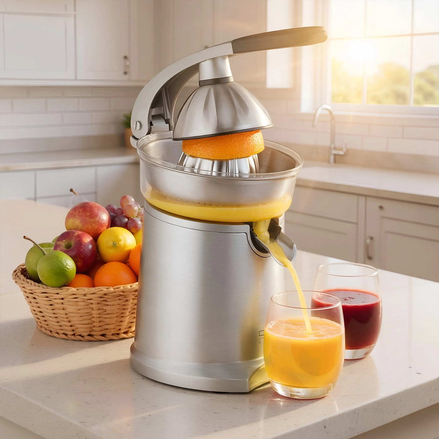 A silver electric citrus juicer in a kitchen with a fruit basket and glasses of juice