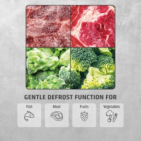 Food: meat, fish, fruit, vegetables, defrost function