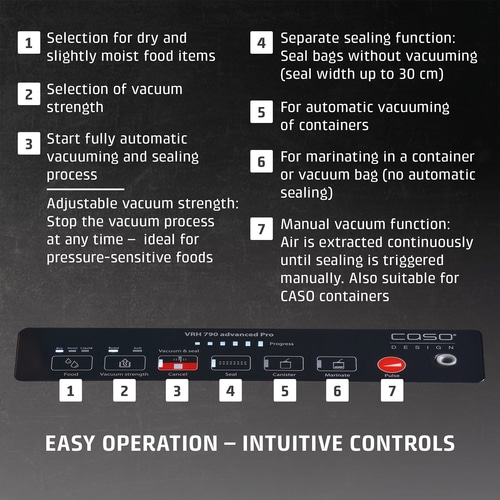 Vacuum sealer with features: dry, vacuum strength, automatic, sealing, containers, marinating, manual.