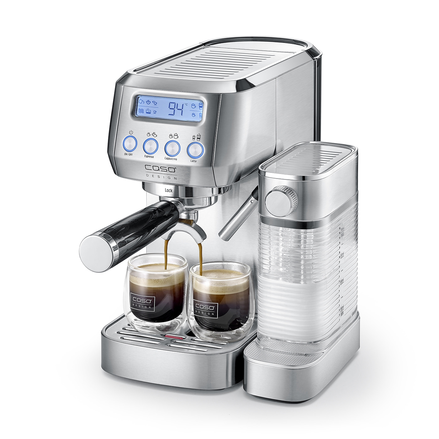 Kaffeemaschine mit zwei Gläsern, Espresso, Cappuccino und Latte-Funktion, Temperaturanzeige.