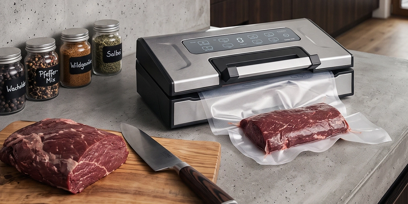 Meat is being sealed in a vacuum sealer next to spice jars and a knife.