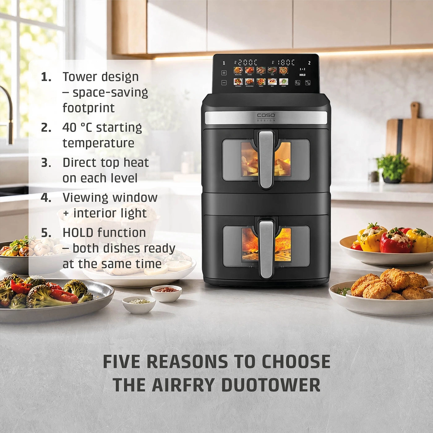 Double air fryer with viewing windows and various dishes
