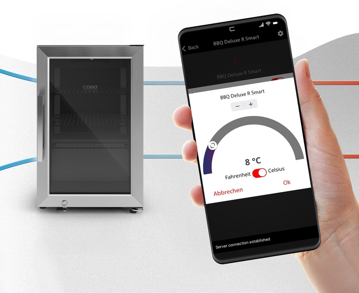 Refrigerator with smartphone app for temperature control, showing 8 degrees Celsius.