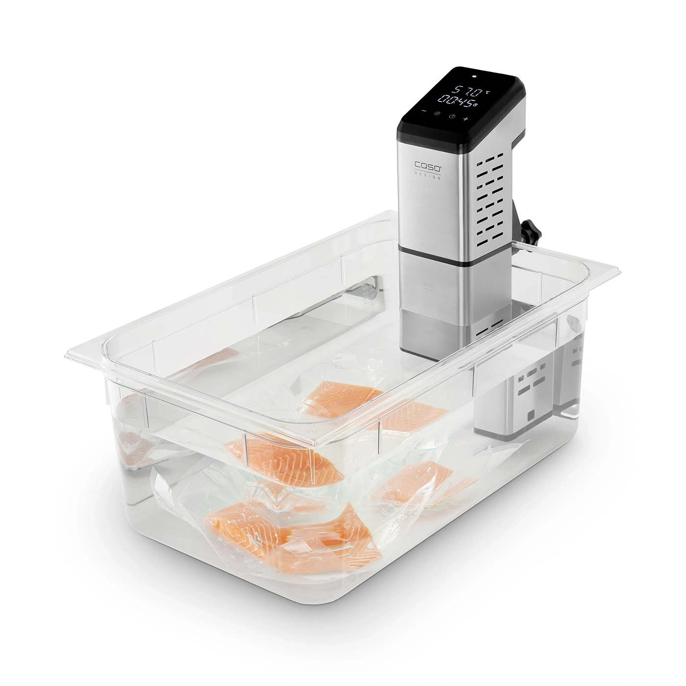 Sous vide machine with fish fillets in water bath, ready for cooking.