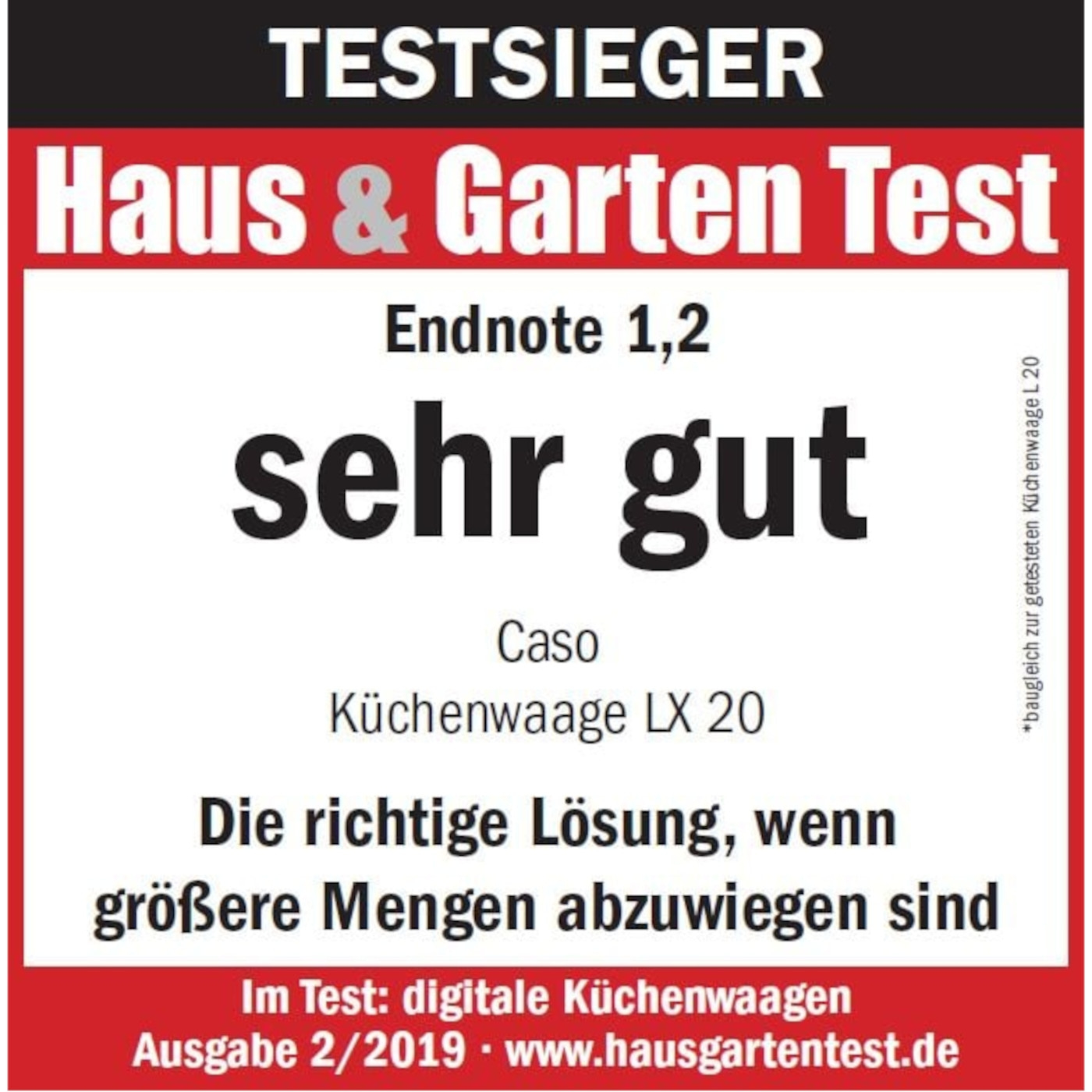 Testsieger Haus & Garten Test, Endnote 1,2, sehr gut, Caso Küchenwaage LX 20