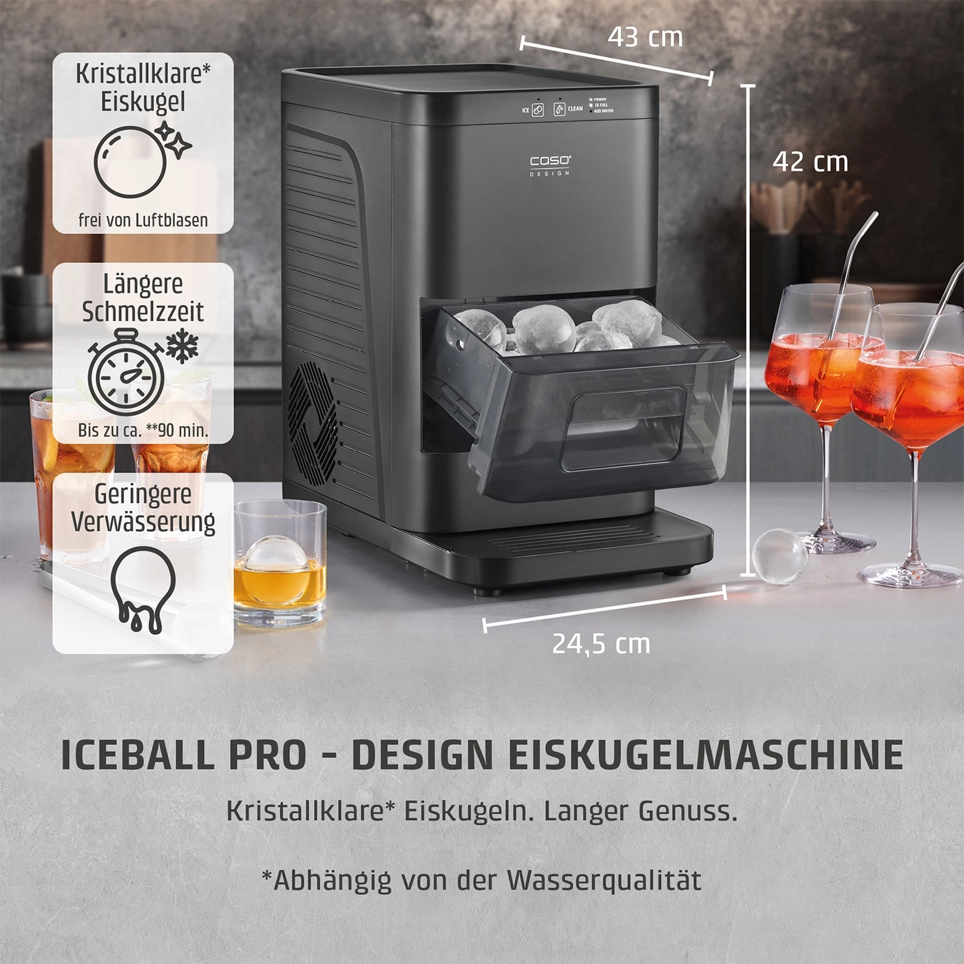 Eiswürfelmaschine mit klaren Eiskugeln und Maßen
