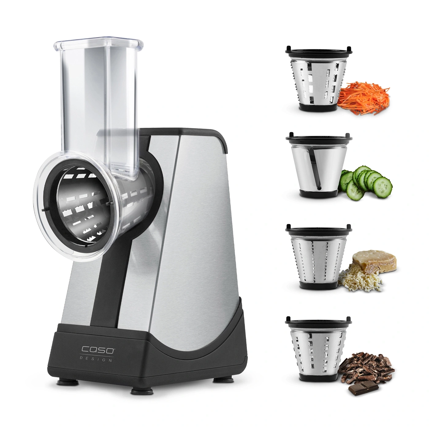 Electric food processor with attachments for vegetables, cheese, and chocolate.