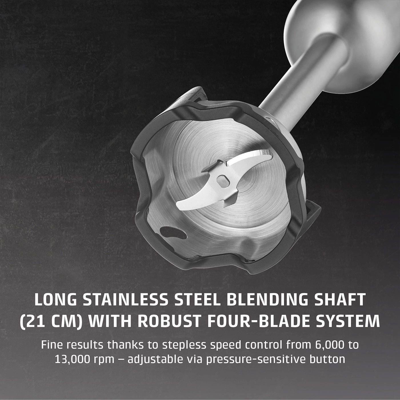 Stainless steel mixer with four blades, 21 cm, for fine results and speed control.