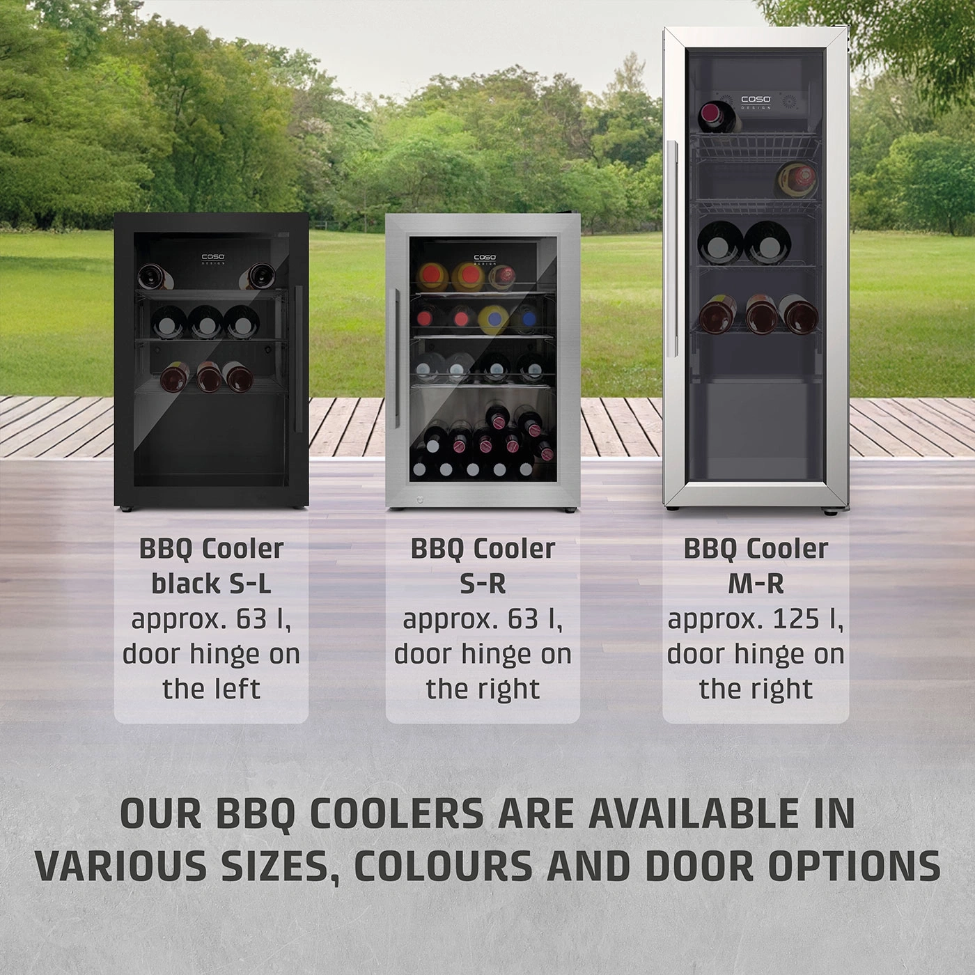 BBQ coolers in different sizes, colors, and door variations
