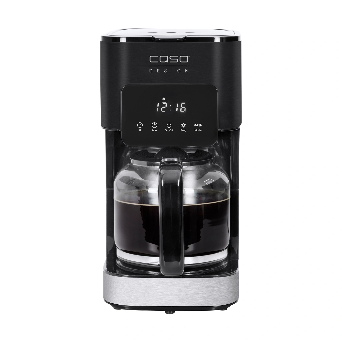 Black coffee machine with digital display and coffee pot filled with coffee.