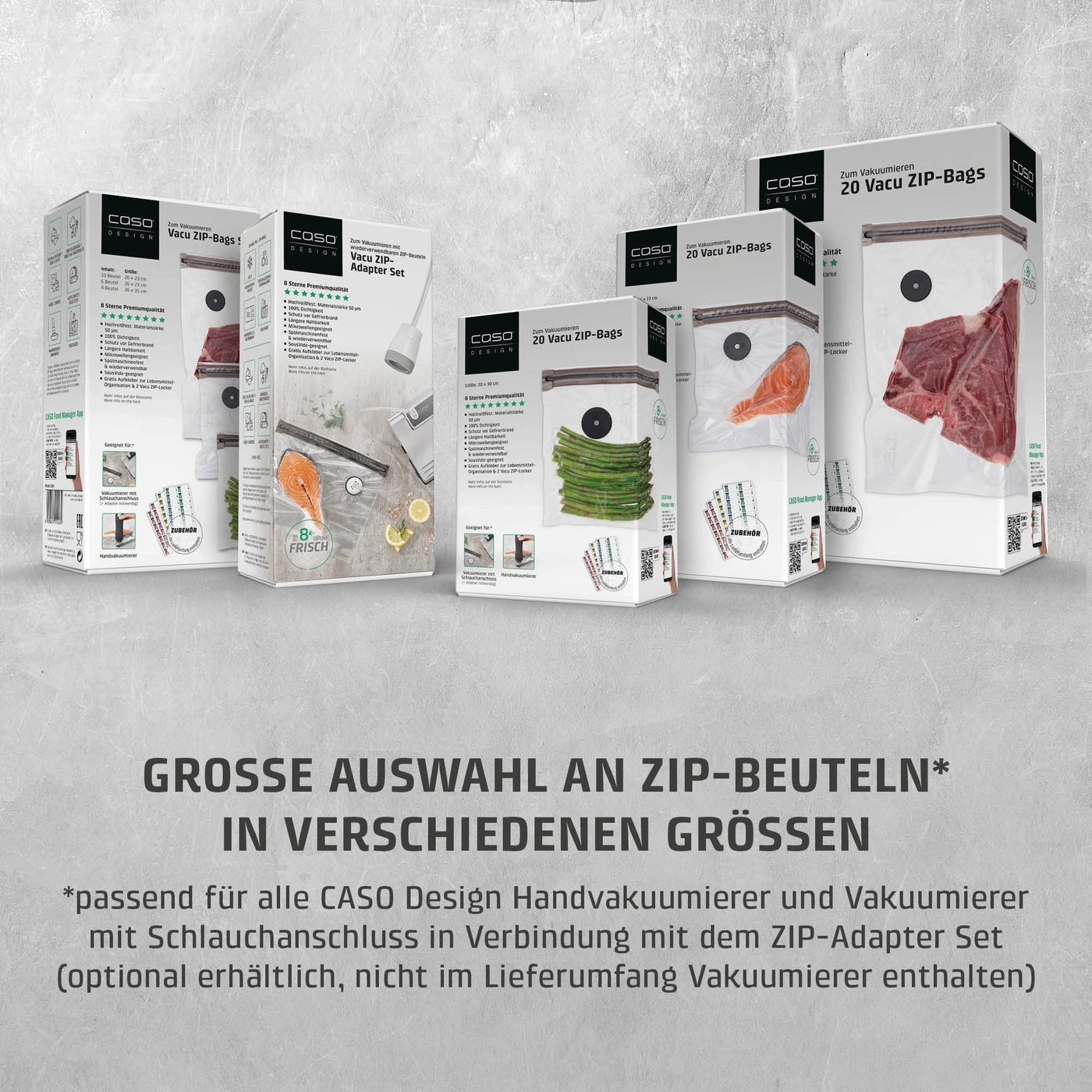 Eine Auswahl an CASO ZIP-Beuteln in verschiedenen Größen zum Vakuumieren.