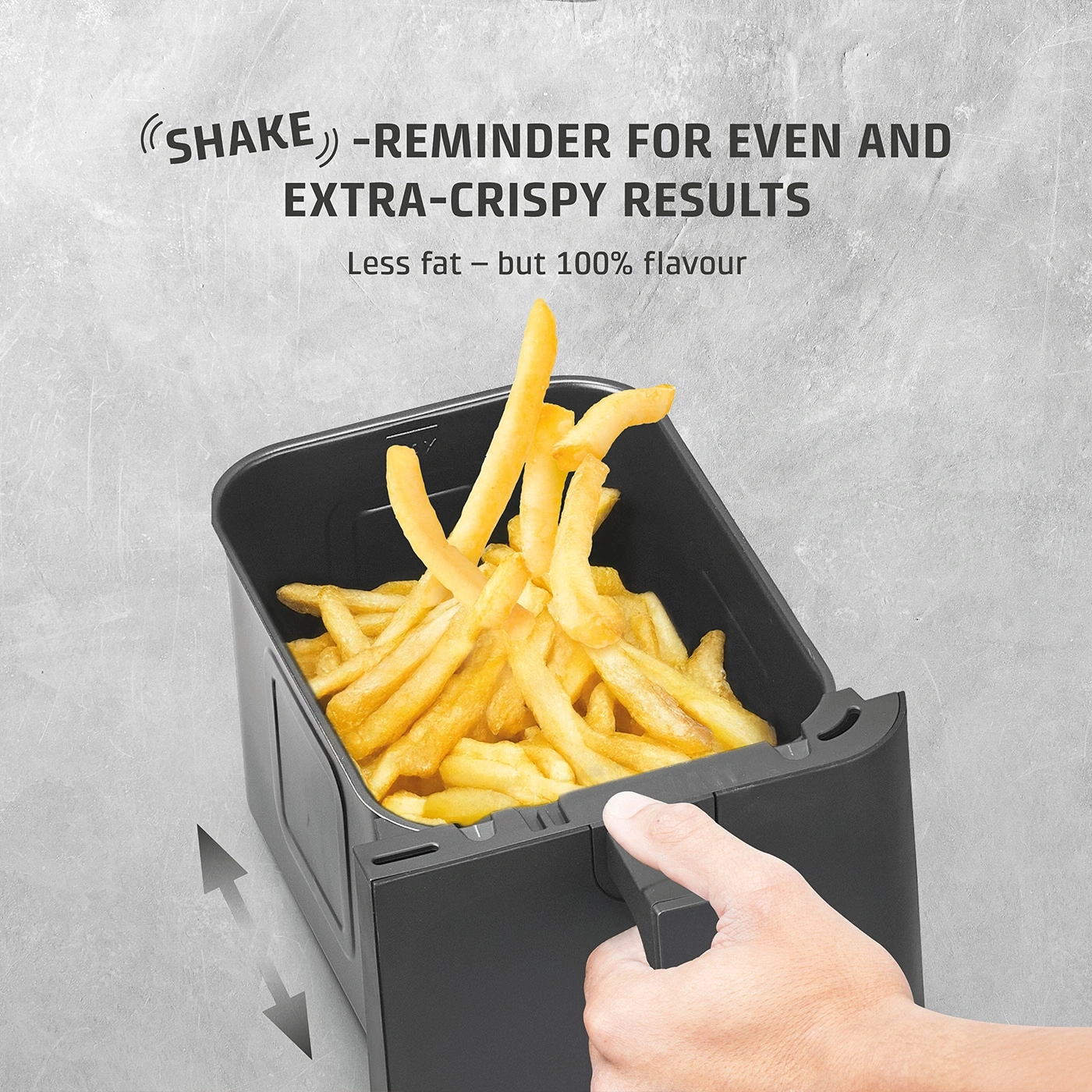 French fries in an air fryer with text: Less fat, but 100% flavor and crispy results.