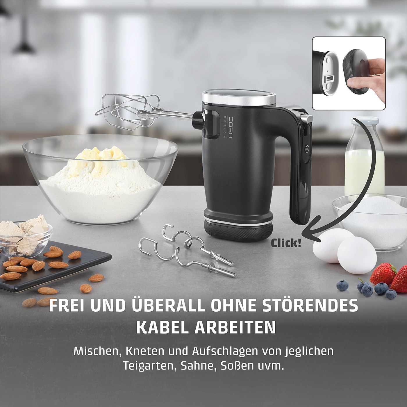 Handrührgerät mit Zutaten für Backwaren: Mehl, Eier, Milch, Beeren. Frei und überall ohne störendes Kabel arbeiten.