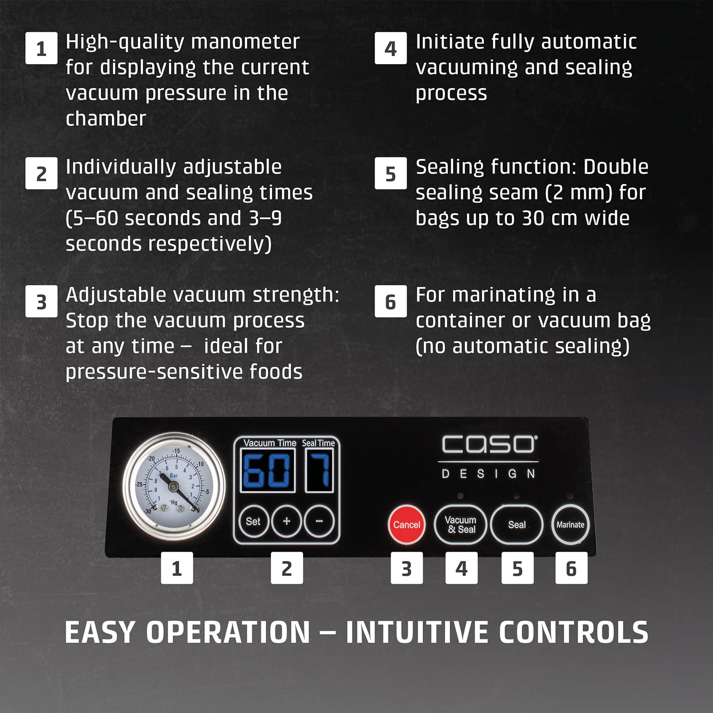 Vacuum sealer with features like manometer, adjustable times, and marinating function.