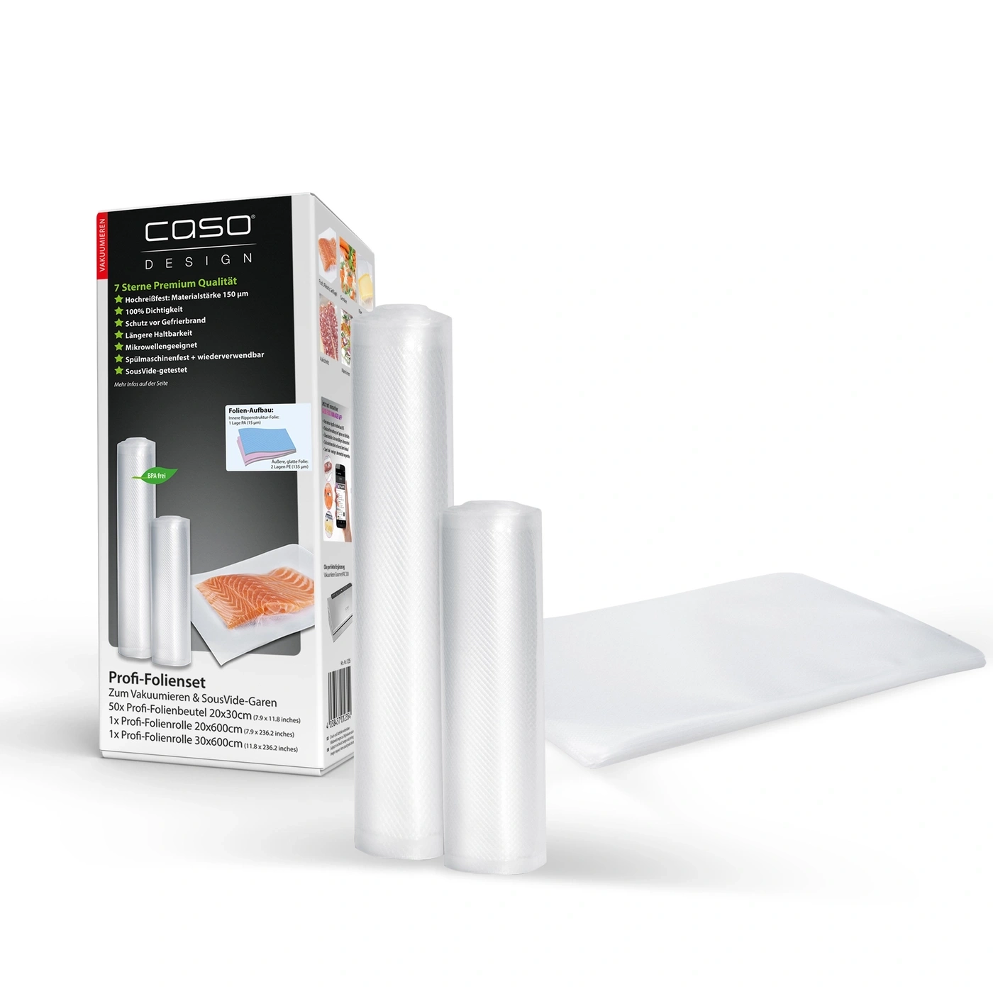 Professional film set for vacuum sealers and sous vide cooking with rolls and bags.