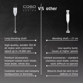 Comparison of Caso hand blender with others: Long mixing wand, high-quality accessories, customer service in DE.