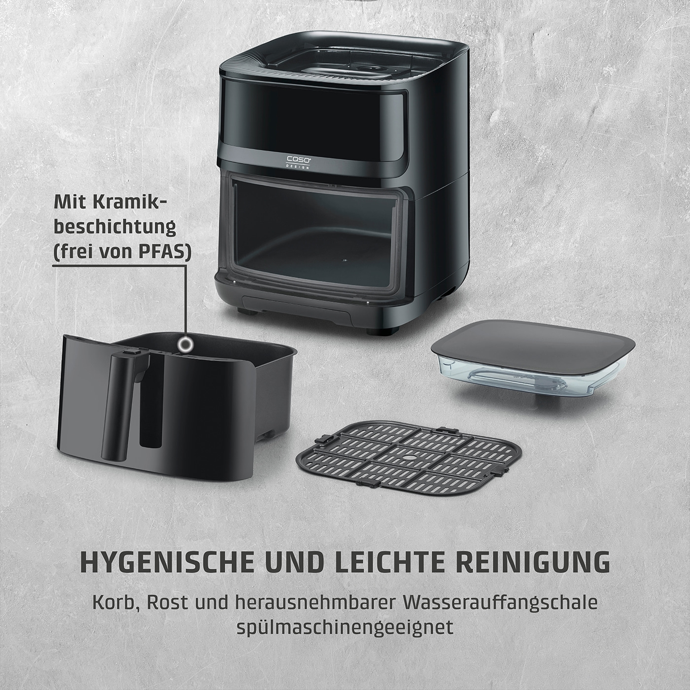 Black air fryer with accessories, hygienic and easy to clean, dishwasher safe, ceramic coating.