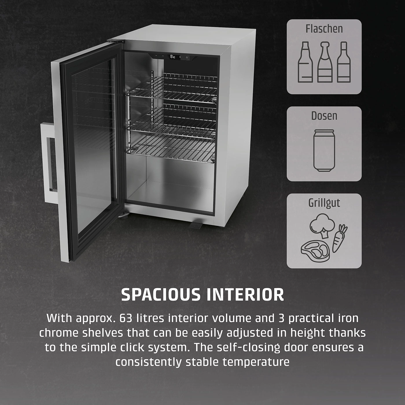 Refrigerator with open door, bottles, cans, grilled food, text: Spacious interior