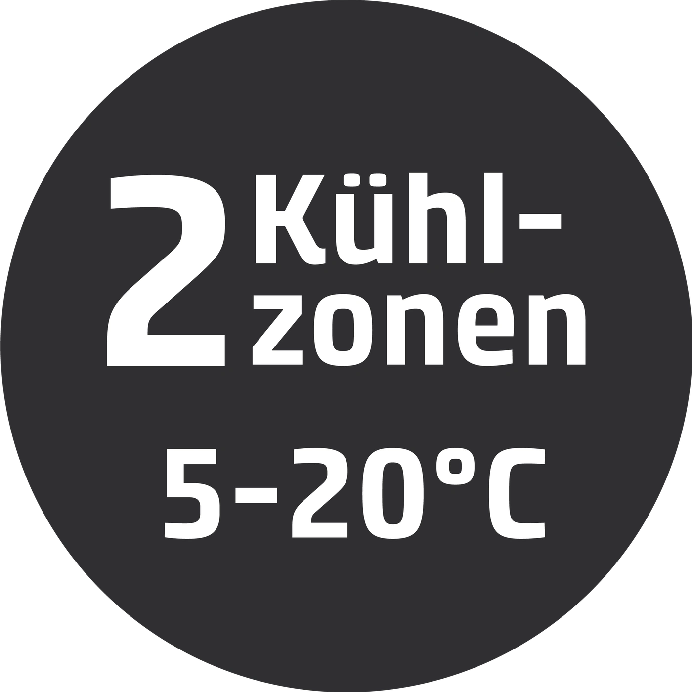 Schwarzer Kreis mit weißer Aufschrift: 2 Kühlzonen 5-20°C