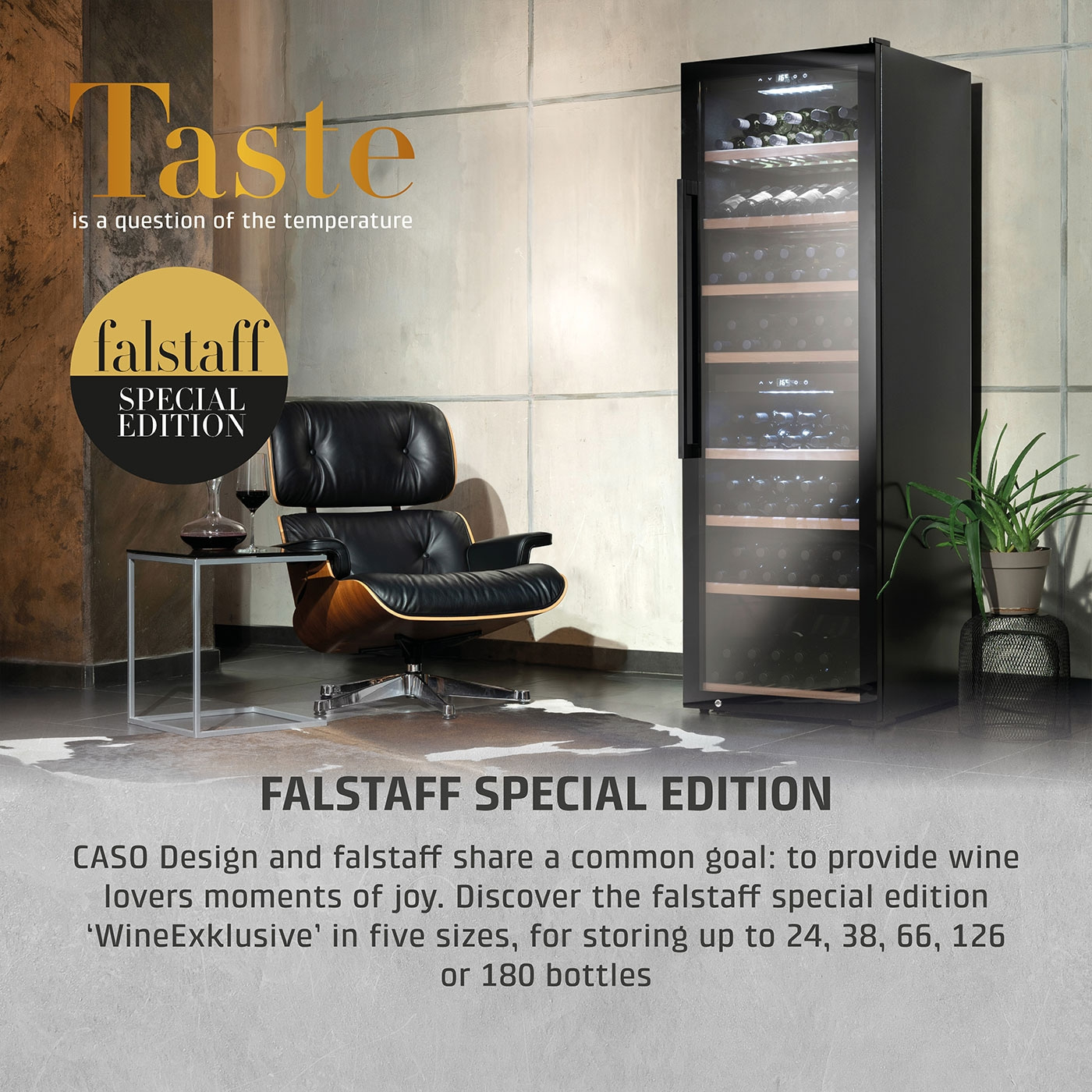 Wine cooler with text, chair and plant. Falstaff Special Edition.