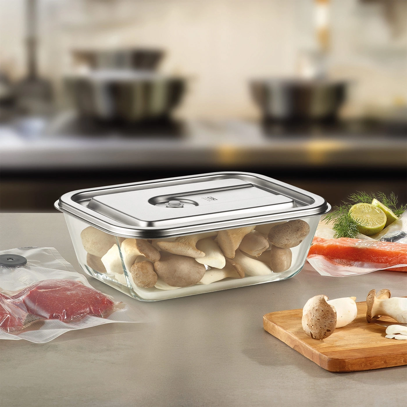 Glass container with mushrooms, meat, fish, and lemon on a kitchen table setting.