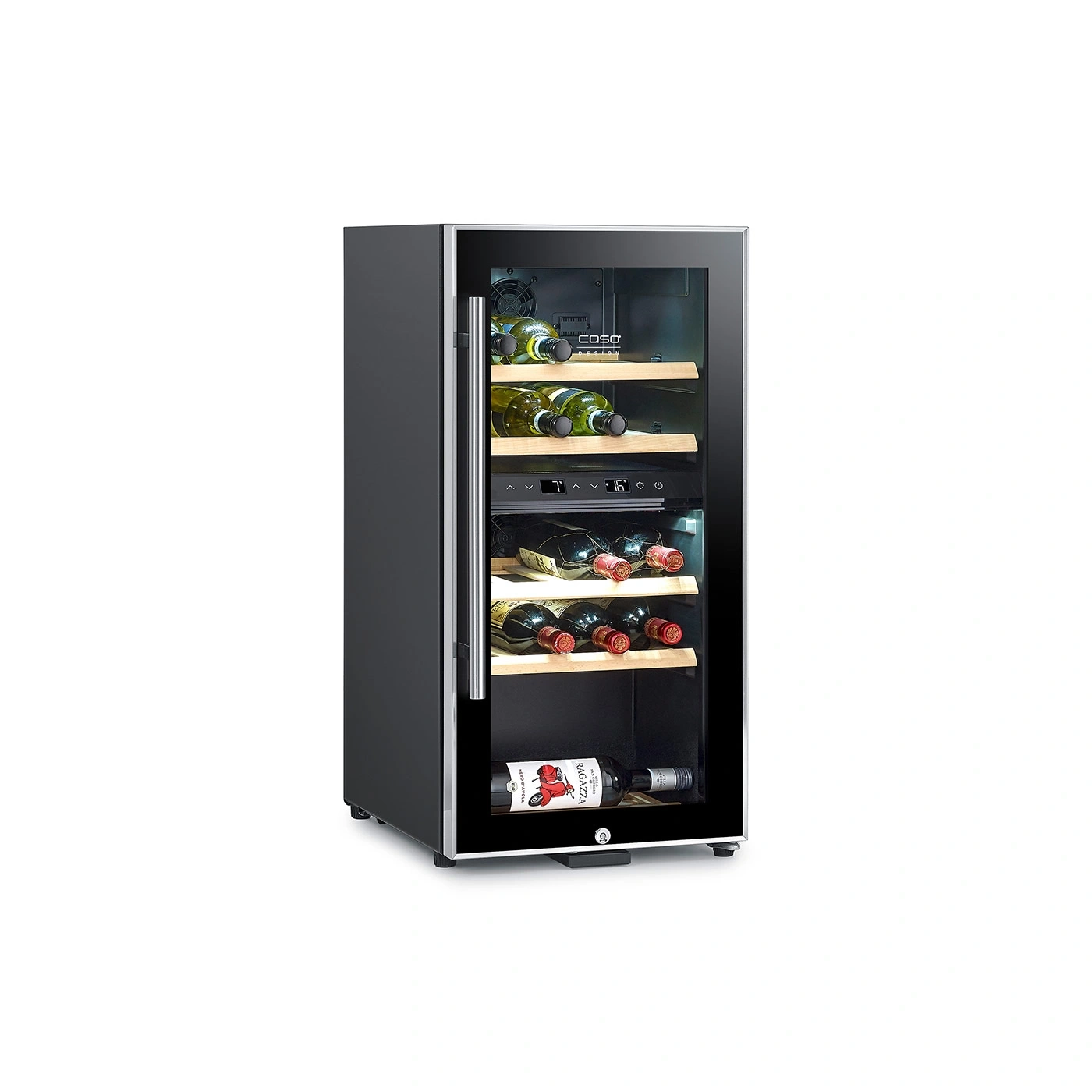 A modern wine cooler with a glass door and multiple bottles of wine.