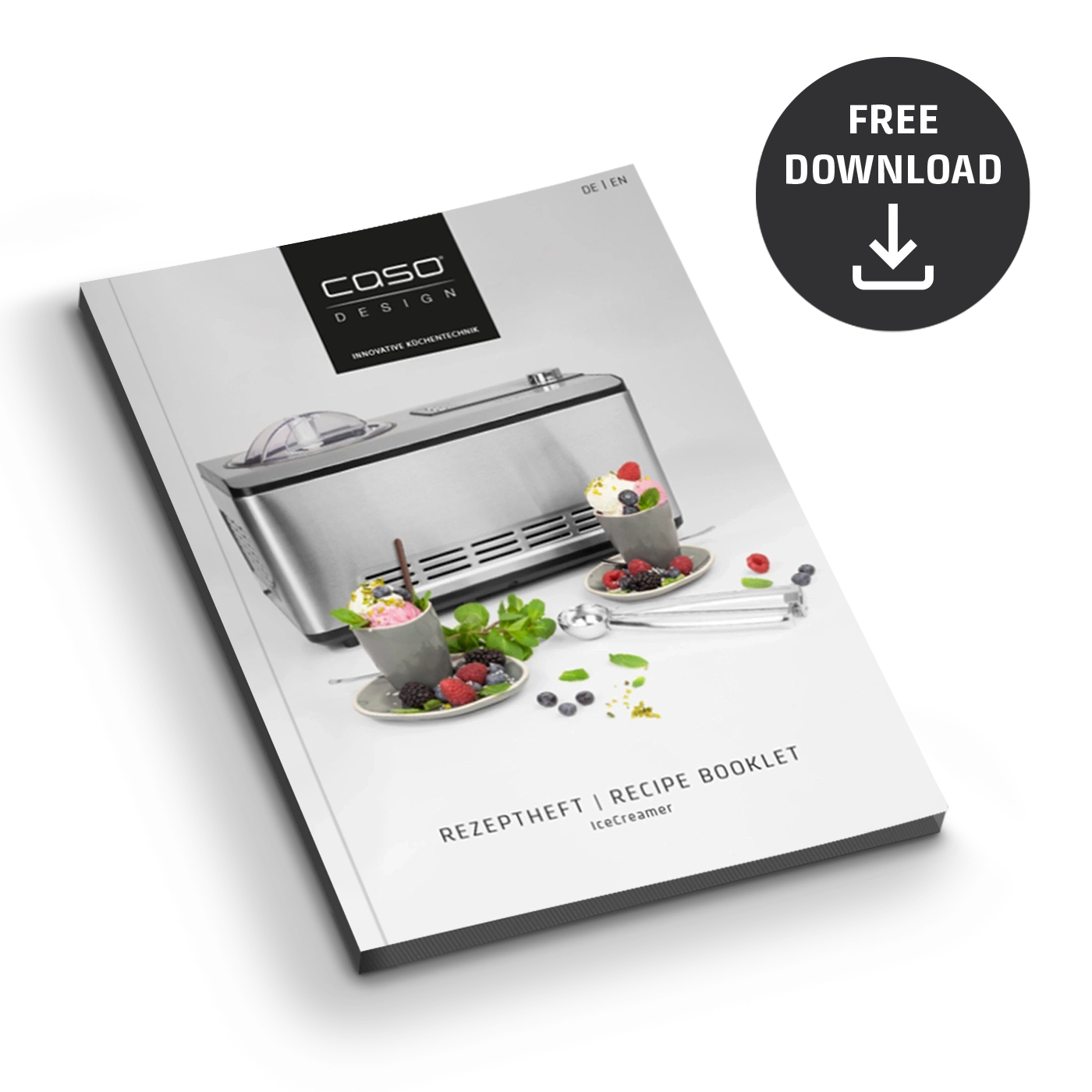 Ice cream recipe booklet with download button and product image