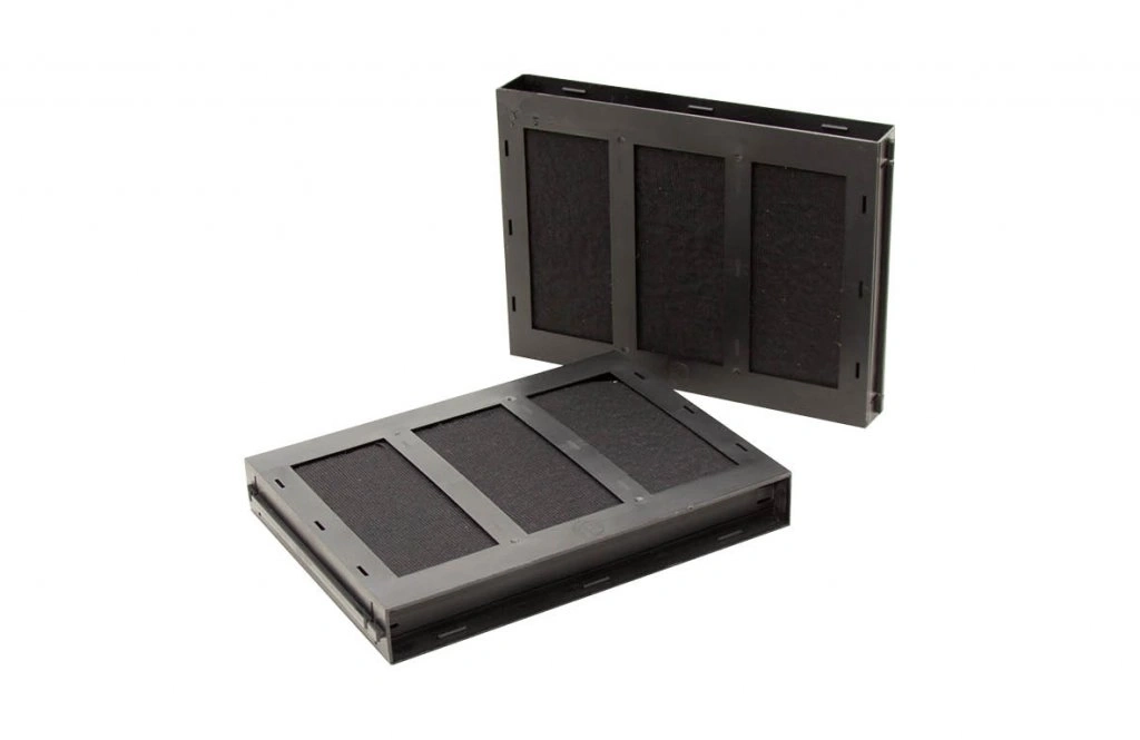 Two rectangular black filters with three compartments on a white background.