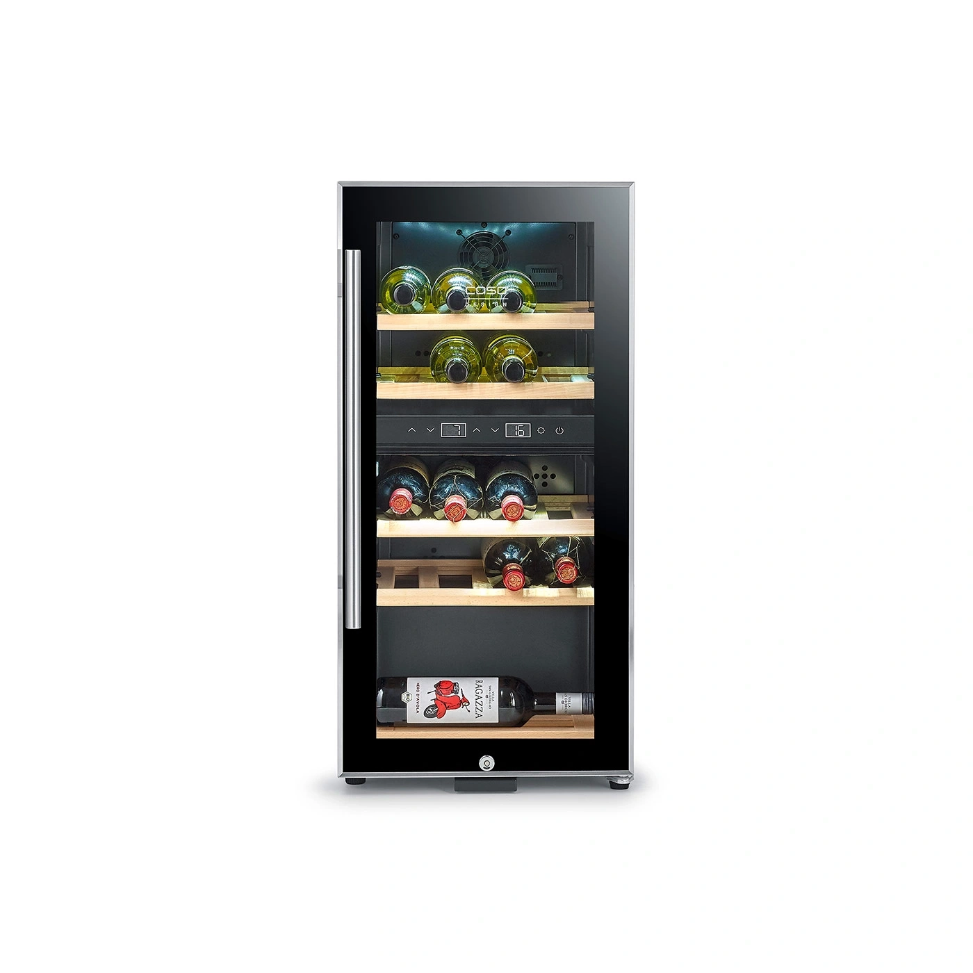 Ein moderner Weinkühlschrank mit Glastür und Holzböden, gefüllt mit Weinflaschen.