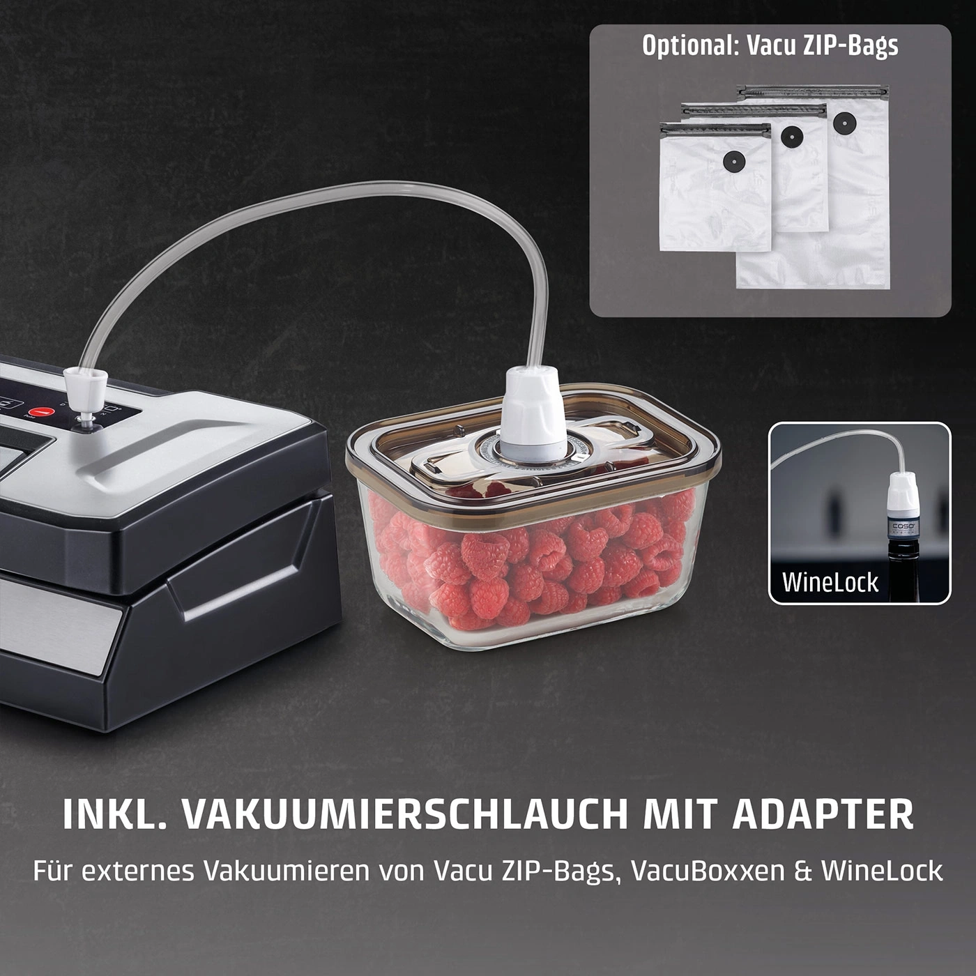 Vakuumiergerät mit Schlauch, Behälter und optionalen Beuteln