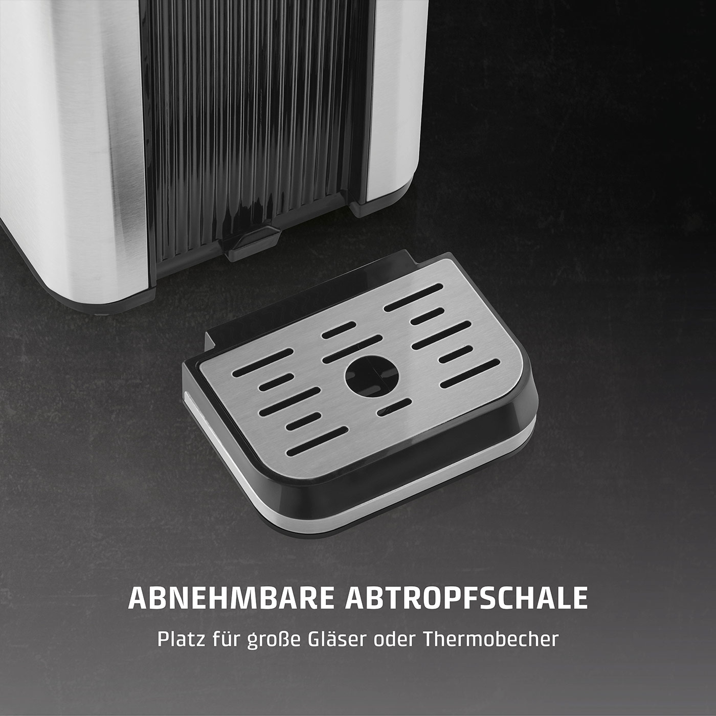Abnehmbare Abtropfschale, Platz für große Gläser oder Thermobecher, Edelstahl