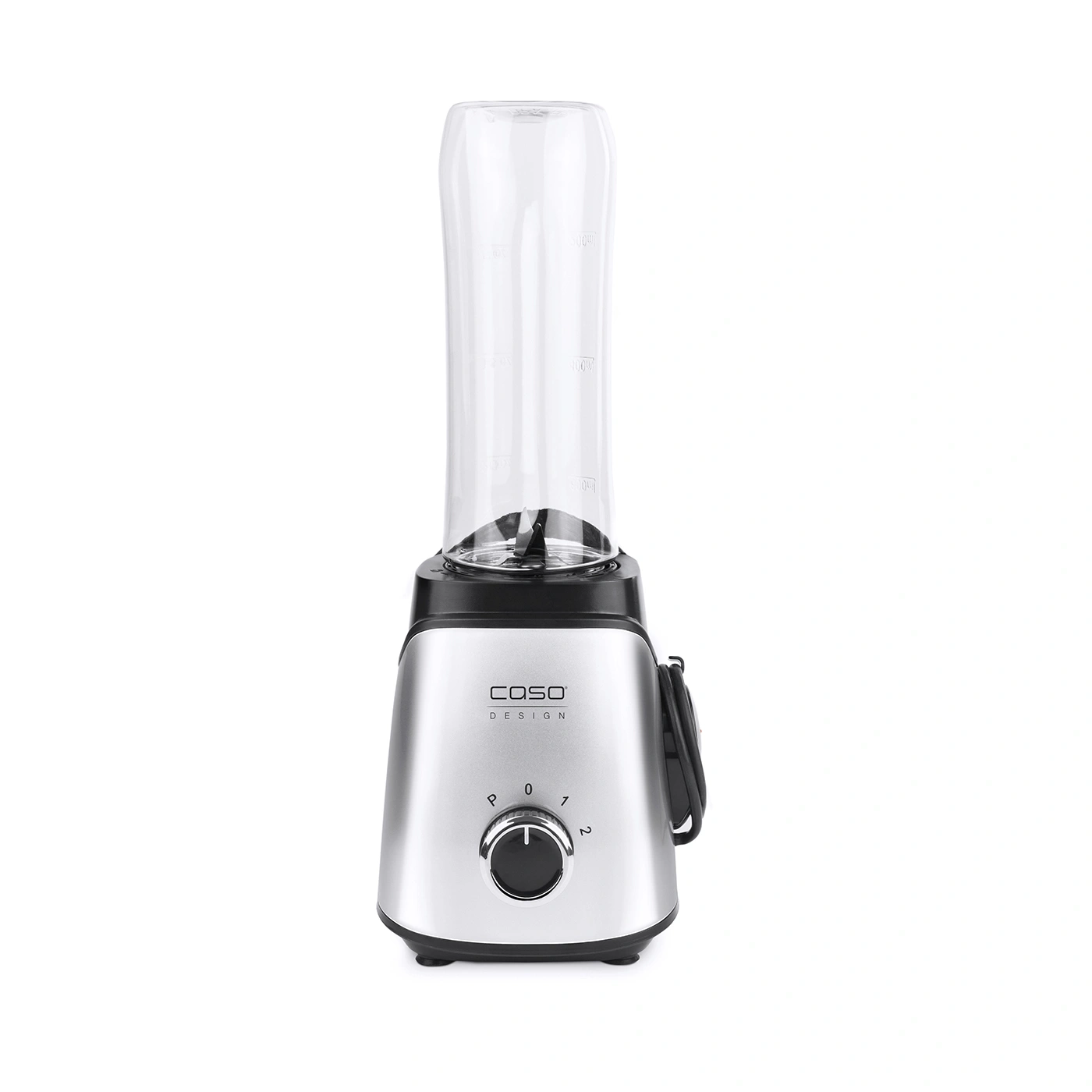 Silver blender with glass container and dial with settings for blending