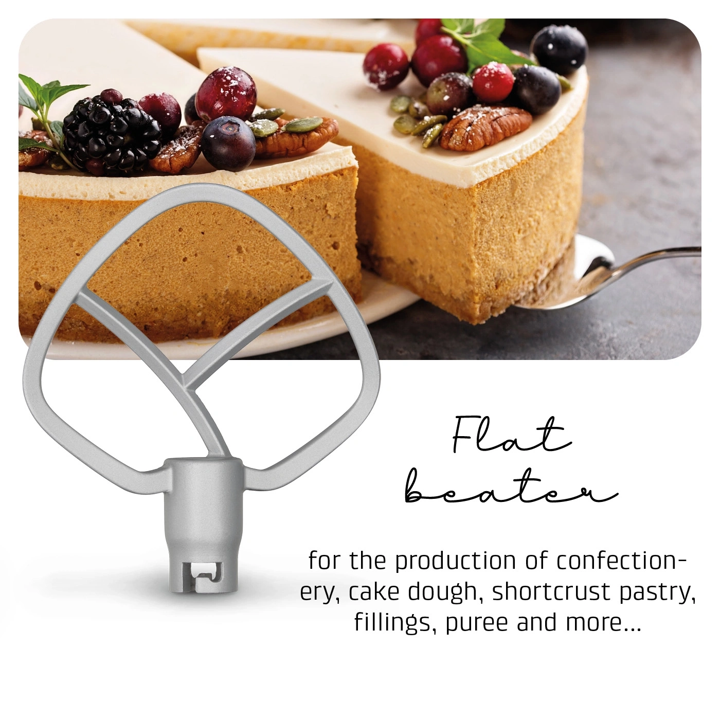 Flat beater with cake. For confection, dough, pastry, fillings, puree and more.