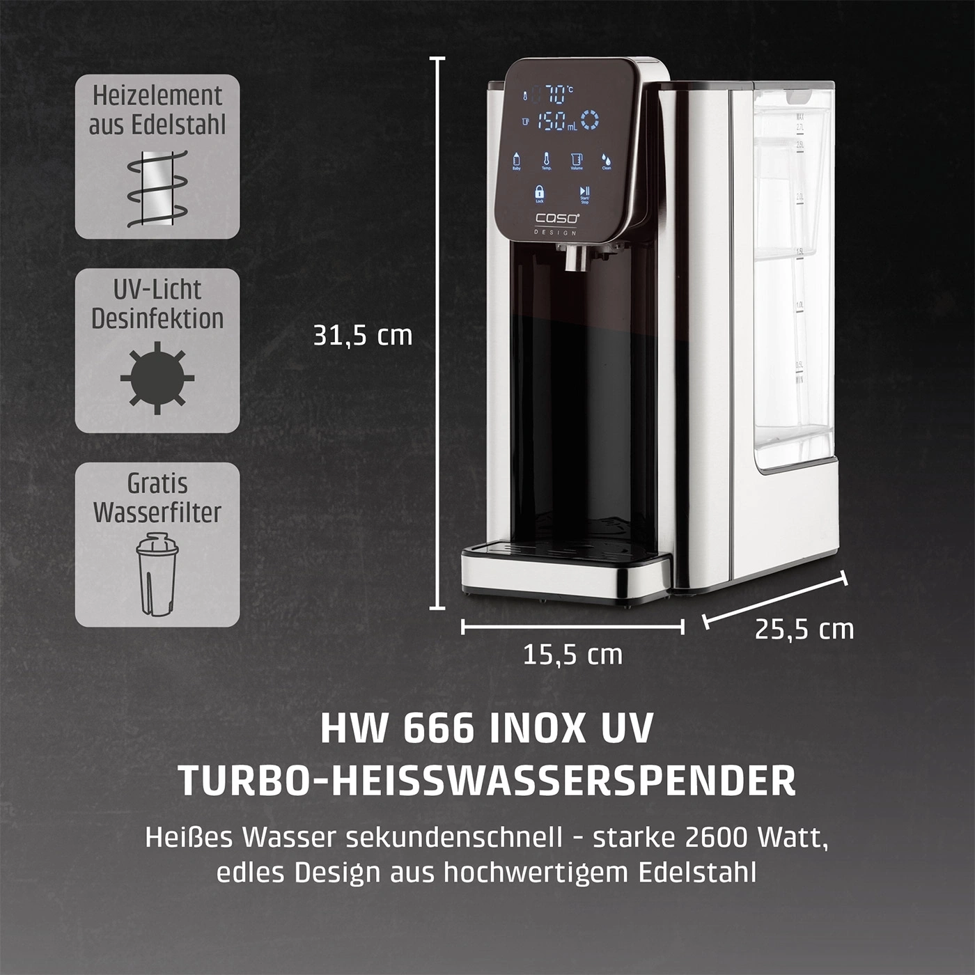 Turbo-Heißwasserspender HW 666 INOX UV mit Edelstahl, UV-Desinfektion und Wasserfilter