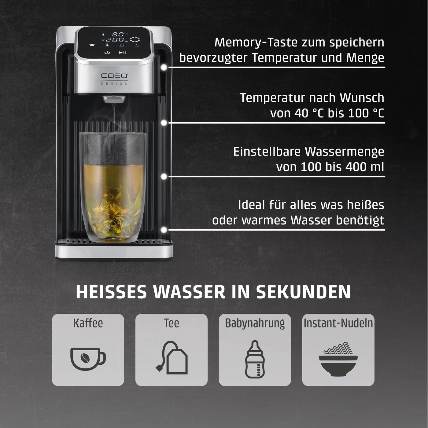 Heißwasserbereiter für Kaffee, Tee, Babynahrung und Instant-Nudeln mit Temperatur- und Mengeneinstellungen.