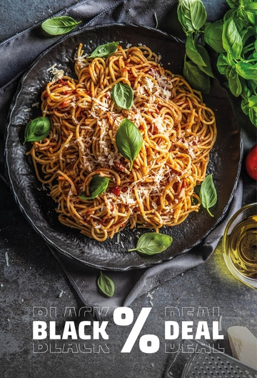 Spaghetti dish with basil, parmesan, and Black Deal advertisement